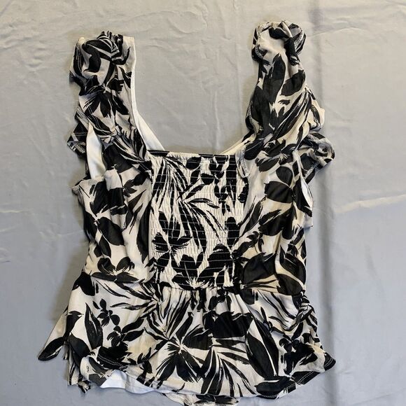 Auw Women's Blouse Size Large Black Double Lined Stretch Preppy Cottage Floral - Picture 4 of 6